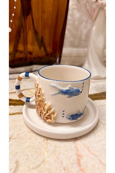 Port Aksesuar Explorer Fish 24K Gold Decorated Handmade Ceramic Cup 120ml