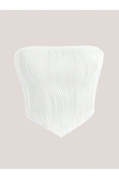 Marin Star White Striped Lycra Summer Strapless - Stretchy Fabric Blouse with Elastane - White Crop