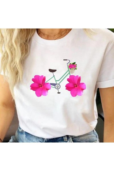 THİS GYOX Women's Printed Detail Oversize Bol Cut T-Shirt with Cycling Neck