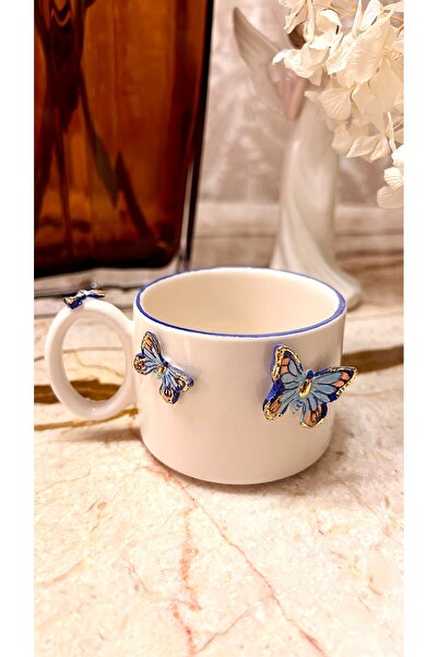 Port Aksesuar Mavi Kelebekler 24k Altın Dekorlu El Yapımı Seramik Fincan 220ml