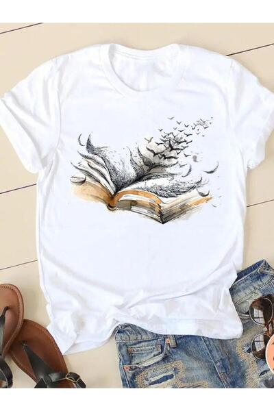 THİS GYOX Women's Printed Detail Oversize Bol Cut T-Shirt with Cycling Neck