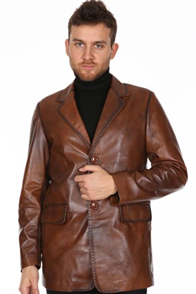 DeriWork Hakiki Kuzu Derisi Dikiş İşlemeli Düğme Detaylı Deri Ceket Taba