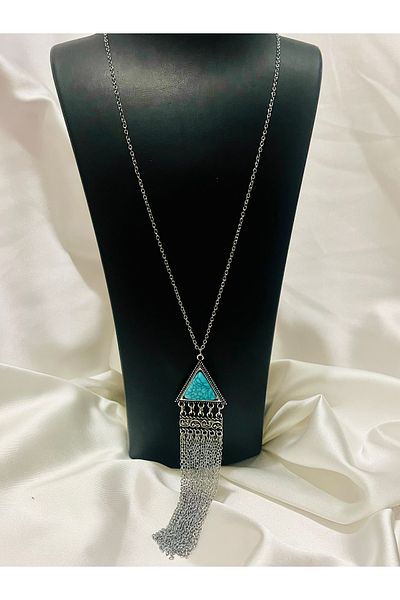 COCOSH TAKI Silver Color Chain Turquoise Color Detailed Multiple Long Tassel Necklace