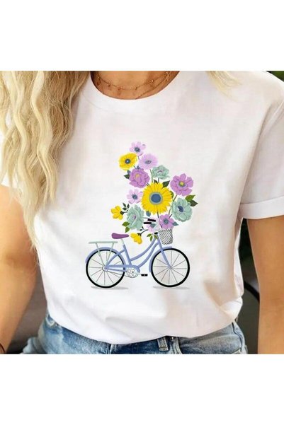 THİS GYOX Women's Printed Detail Oversize Bol Cut T-Shirt with Cycling Neck
