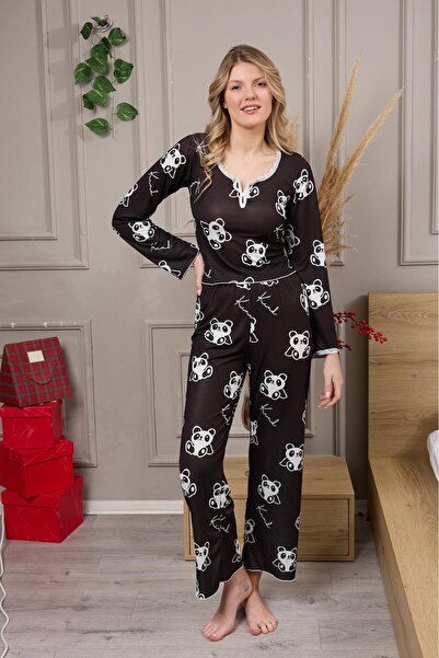 ELORİA Γυναικείο σετ πιτζάμες από μαλακό ύφασμα με χαριτωμένο σχέδιο πάντα με λεπτομέρεια με κουμπιά