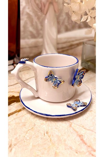 Port Aksesuar Blue Butterflies Handmade Ceramic Cup with 24K Gold Decor 120ml