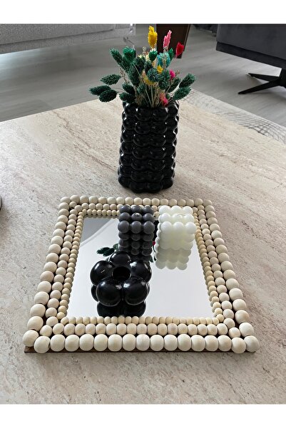 BOHEM Ahşap Boncuklu Dekoratif Tepsi & Aynalı Ahşap Boncuklu 28cm