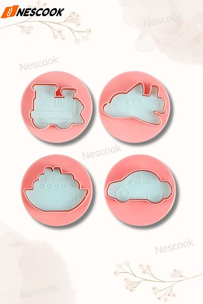 nescook مجموعة من 4 قوالب بسكويت للسيارات، قاطعة بالضغط مع شكل سيارة، قالب بسكويت لسيارة سفينة طائرة جرار