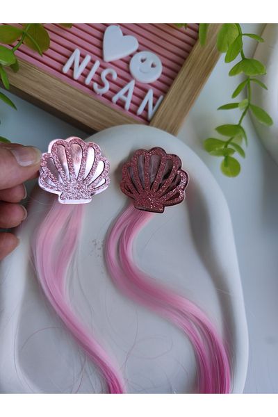 Nisankids Girl's Glittery Shiny Oyster Figured Artificial Hair - Hairpiece 2 Pieces (Suitable for the Mermaid Concept)