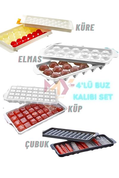 Myend Set of 4 Ice Molds, Set Containing Sphere-Cube-Diamond-Stick Ice Molds, Ice Tray Set for Presentation Cocktail