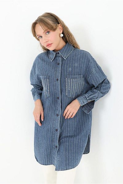 Moda Rosa 25Y4475 - Blue - Linen Denim Shirt with Bright Stripes