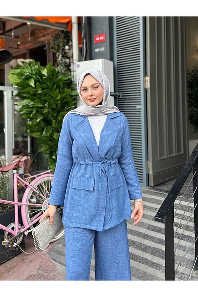 VOLT CLOTHİNG Kadın Bel Büzgülü Keten Ceket Pantolon Takım