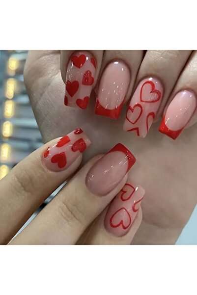 Accessories Vanilla Avenue Kırmızı Kalpli Kısa Kare French Kendinden Yapışkan...