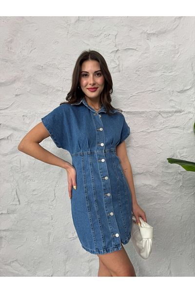Elif Özbey Butik Rochie de jeans cu mânecă scurtă cu detaliu albastru