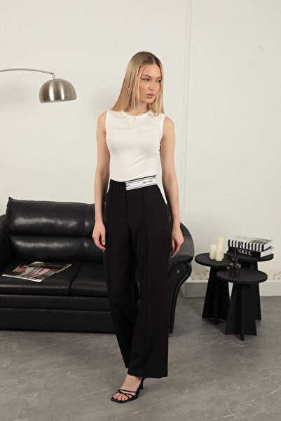 Genel Markalar Atlas Kumaş Kemeri Taş Detaylı Pantolon - Siyah