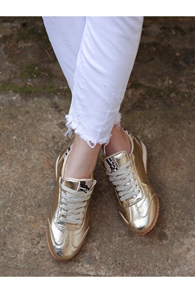 EREN SHOES BAG Αθλητικά παπούτσια LARISA με χρυσό δέρμα με σχέδιο φιδιού, αντιολισθητική σόλα από καουτσούκ με κορδόνια