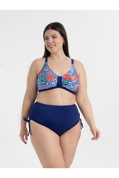 AQUAVİVA Aquaviva Women's Plus Size Navy Blue Flower Pattern Katrina Gathering High Waist Bikini Set