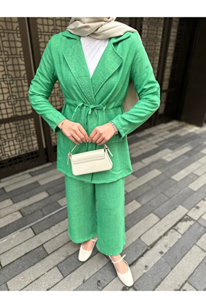 VOLT CLOTHİNG Women's Waist Drawstring Linen Jacket Pants Set