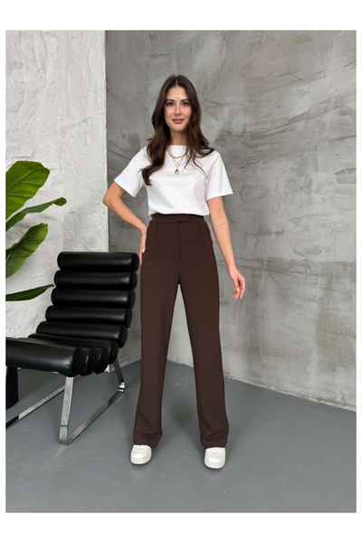 Elif Özbey Butik Kahve Cırt Kapama Palazzo Pantolon