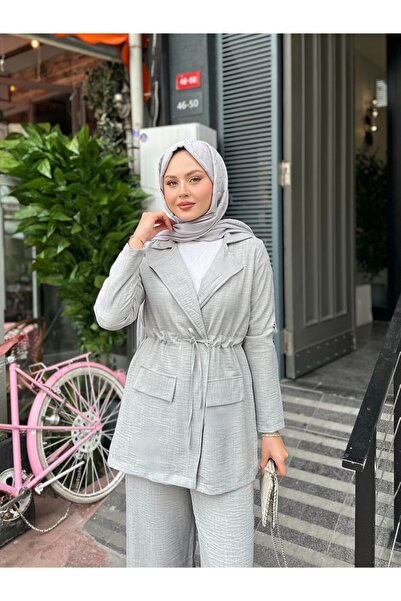 VOLT CLOTHİNG Women's Waist Drawstring Linen Jacket Pants Set