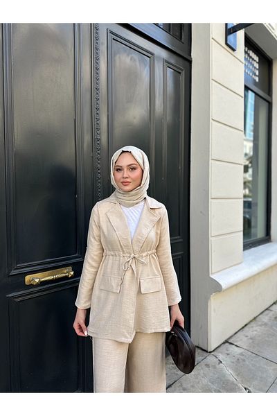 VOLT CLOTHİNG Kadın Bel Büzgülü Keten Ceket Pantolon Takım