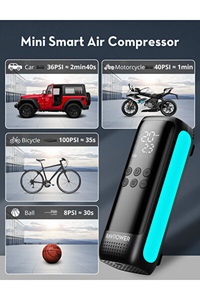 RavPower منفاخ إطارات راف باور - بدون بطارية، ولاعة سيارة - بقوة 45 لتر/دقيقة + مصباح يدوي LED