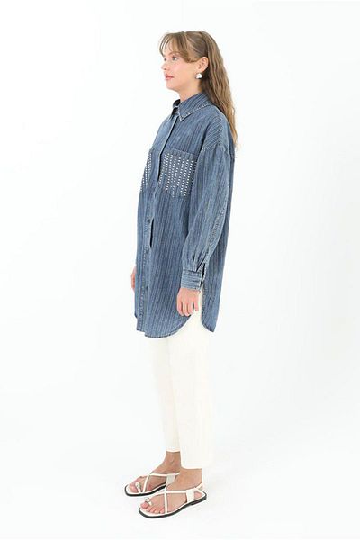 Moda Rosa 25Y4475 - Blue - Linen Denim Shirt with Bright Stripes