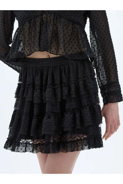 Quzu Black Layered Flounce Lace Skirt