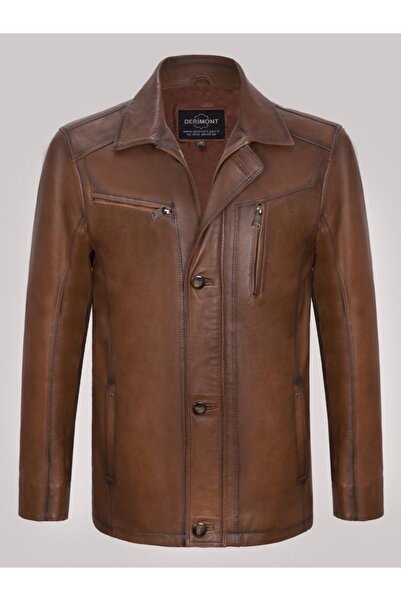 DeriWork Hakiki Kuzu Derisi Mont Düğmeli 4 Cepli Deri Ceket Kahverengi