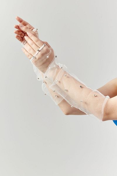 Grace Beauties White Long Tulle Gloves with Shiny Stones