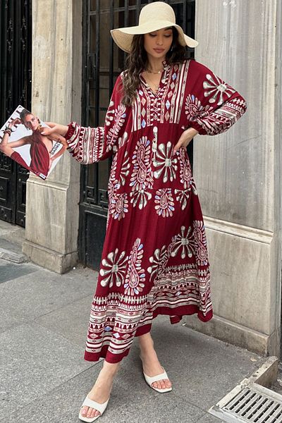 AYASOFYA OTANTIK Rochie lungă cu mâneci cu balon, cu guler cu nasturi, de damă