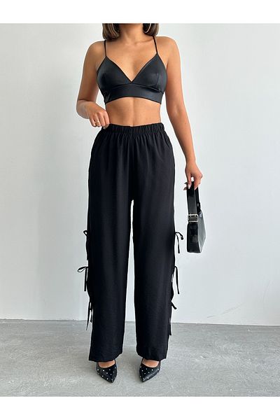 alenmoda Women's Black New Elastic Waist Side Slit Modal Textured Bow Brshka Trousers