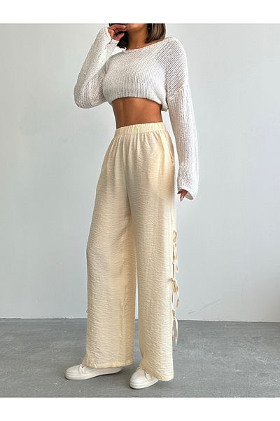alenmoda Women's Beige New Elastic Waist Side Slit Modal Textured Bow Brshka Trousers