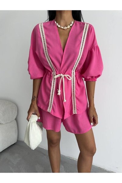 buğrahayalin Linen Waist Stripes Bluz-Pant Suit - Fuchsia