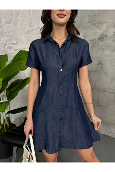 Elif Özbey Butik Mavi Boydan Düğmeli Jean Elbise