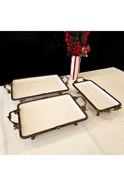 MaviDamla 3 Piece Burrs Cast Edge Frame Liyzeti Porcelain Presentation Set, Blue & Gold Tag