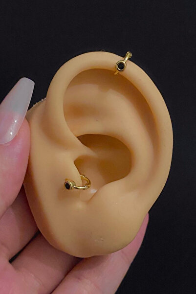 Blisse Piercing Kadın Mini Siyah Taşlı Tragus Helix Kıkırdak Halka Çelik Pier...