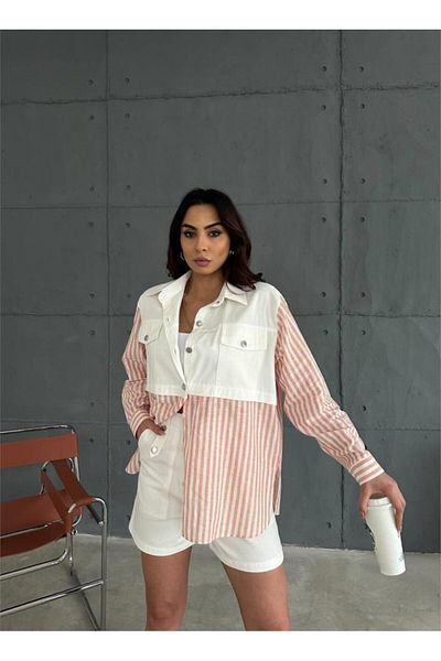 modaserdem Gabardine Shorts - Gabardine - Striped Linen Garnish Jacket Set - Orange
