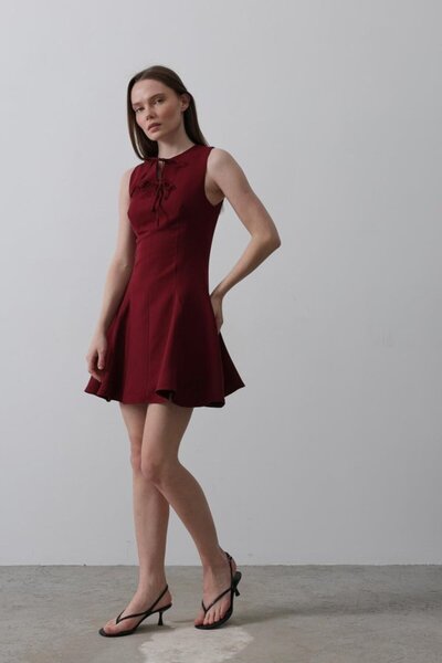oniks store Bow Detail Zero Sleeve Mini Dress - Burgundy