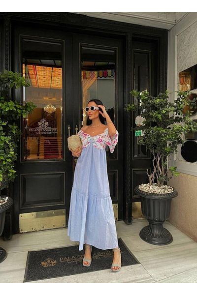 Simala Blue Colored Embroidery Patterned Dress