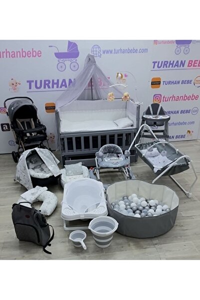 TURHAN BEBE Yeni Doğan MOJE GRİ Lüx Bebek Çeyiz Seti (28 PARÇA) ÇEKMECELİ BEŞİK BEBEK ARABASI HAMAK...