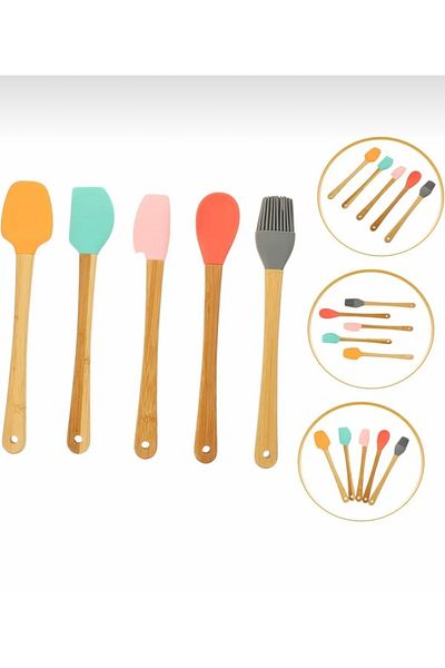 Single Set of 5 Colorful Bamboo Handle Silicone Small Spatulas