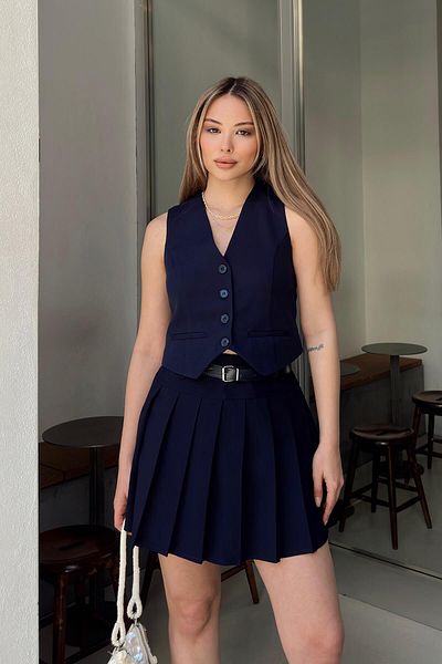 Swist Navy Blue Vest-Belt Pleated Mini Shorts Skirt Women's Bottom Top Set
