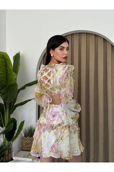 ETİKAFASHION Design Back Decollete Flower Print Chiffon Dress