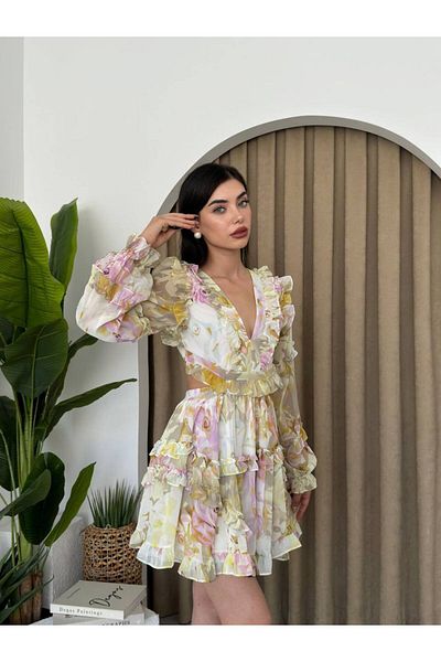 ETİKAFASHION Design Back Decollete Flower Print Chiffon Dress