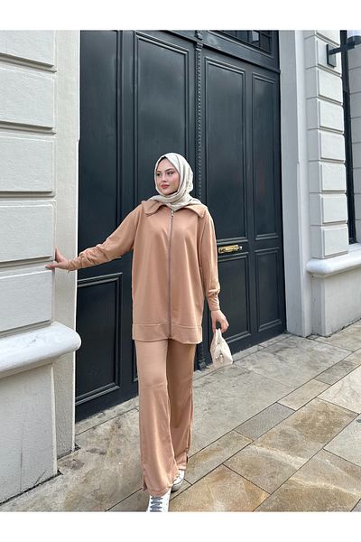 VOLT CLOTHİNG Kadın Geniş Paça Yırtmaçlı Fermuarlı Takım