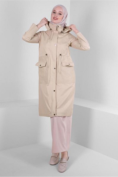 Alvina HOODED WAIST RUBBER STRING DETAILED TRENCH COAT 10762