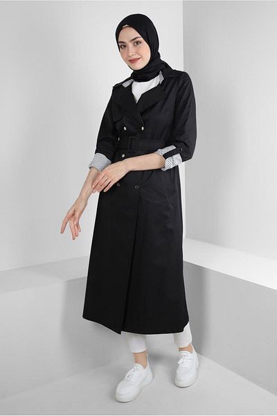 Alvina PLAID DETAILED BELTED STRAP TRENCH COAT 10743