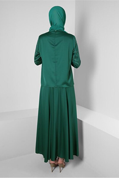 Alvina Stone Detail Skirt Pleated Satin Suit 43666