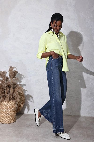 5in1Canpolat Navy Blue High Waist Wide Leg Jeans